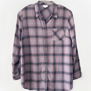 J. Jill Women's Lilac Gauze Plaid Blouse Tunic Size Large Long Sleeve Button Up